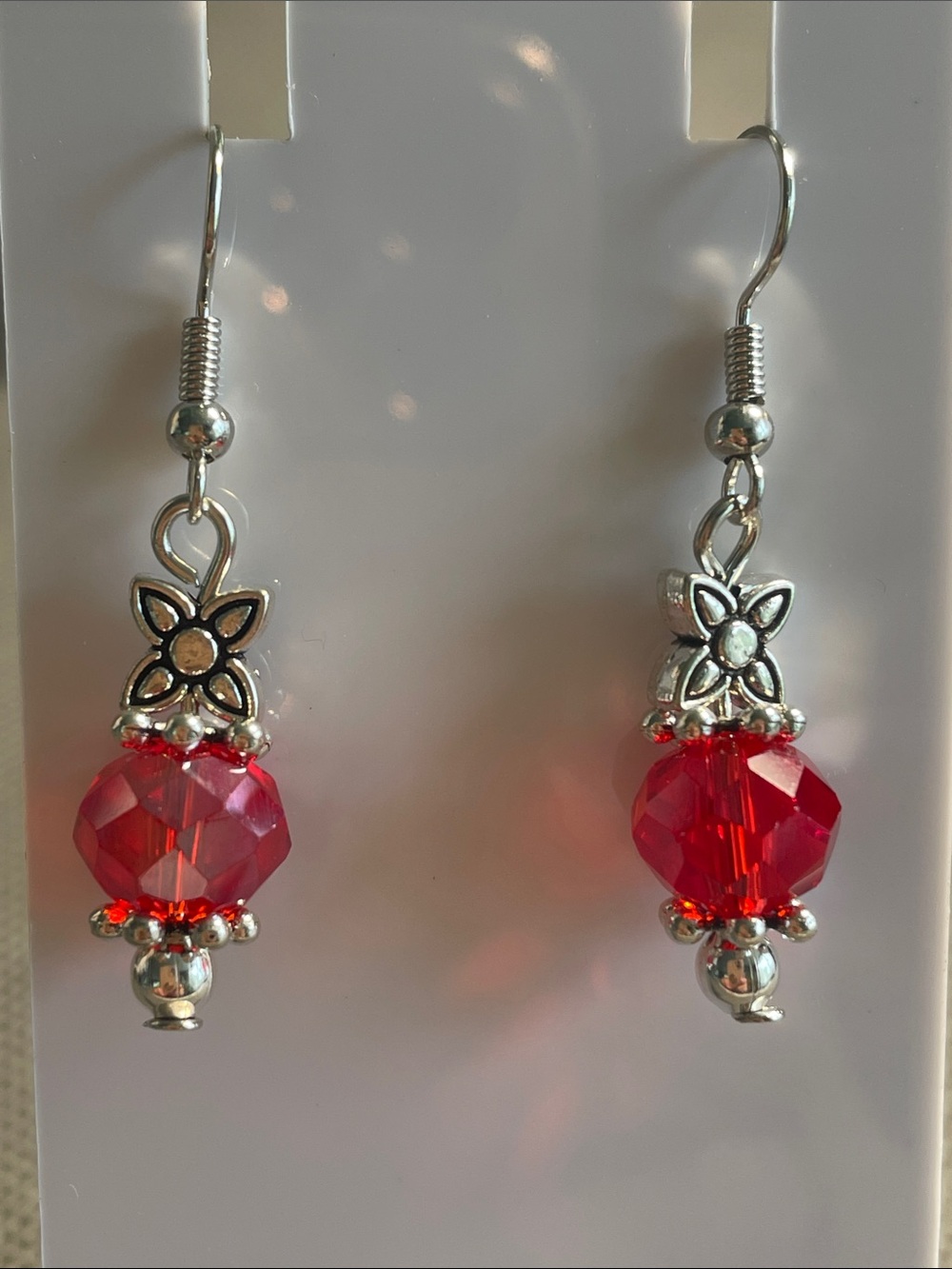 Silver Tone Floral Drop Earrings with Red Glass Crystal Beads fish hooks 1.5”